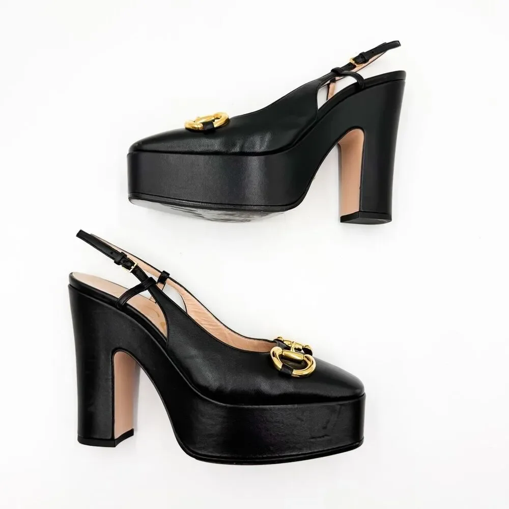 Gucci Horsebit Baby120 Platform Pumps EU 37 US 7 Black Leather Slingback